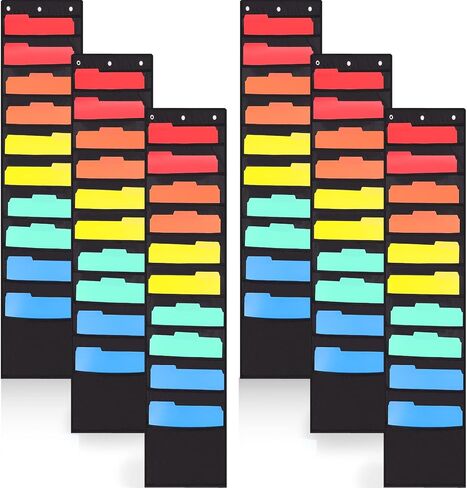 6 Pack Storage Pocket Chart with 10 Pockets Heavy Duty Storage Pocket Chart for Classroom and Office, 18 Over Door Hangers Included, Hanging File Folders Organizer for Assignments Scrapbook, Black in Kuwait