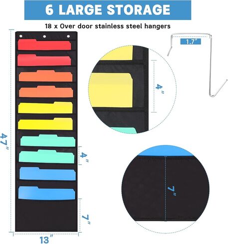 6 Pack Storage Pocket Chart with 10 Pockets Heavy Duty Storage Pocket Chart for Classroom and Office, 18 Over Door Hangers Included, Hanging File Folders Organizer for Assignments Scrapbook, Black in Kuwait