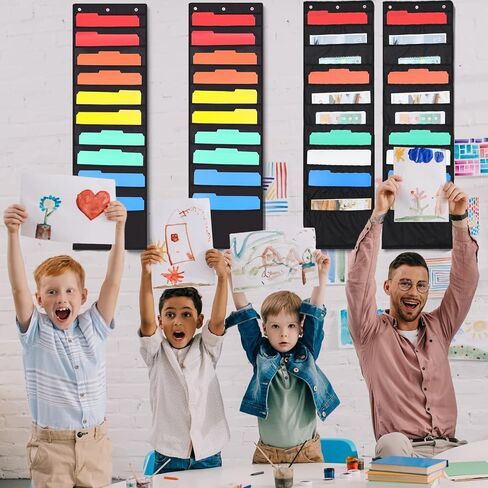 6 Pack Storage Pocket Chart with 10 Pockets Heavy Duty Storage Pocket Chart for Classroom and Office, 18 Over Door Hangers Included, Hanging File Folders Organizer for Assignments Scrapbook, Black in Kuwait