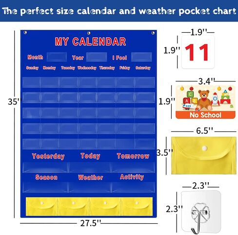 مخطط جيب للتقويم والطقس لتعلم الأطفال، كبير 35 بوصة × 27.5 بوصة، مخطط جيب لتقويم التعليم المنزلي مع 156 بطاقة، تقويم شهري لمستلزمات الفصول الدراسية في المدرسة المنزلية ورياض الأطفال in Kuwait