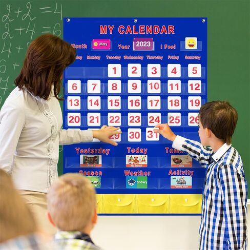 مخطط جيب للتقويم والطقس لتعلم الأطفال، كبير 35 بوصة × 27.5 بوصة، مخطط جيب لتقويم التعليم المنزلي مع 156 بطاقة، تقويم شهري لمستلزمات الفصول الدراسية في المدرسة المنزلية ورياض الأطفال in Kuwait