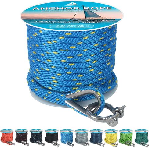 Anchor Rope 50 ft x 3/8 inch, Premium Solid Braid MFP Anchor Line, Boat Anchor Rope with 316 Stainless Steel Thimble & Shackle, Marine Anchor Rope for Many Anchors & Boats, Green and Black in Saudi Arabia
