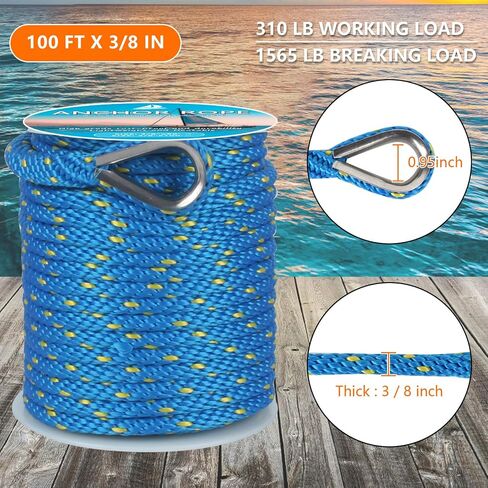 Anchor Rope 50 ft x 3/8 inch, Premium Solid Braid MFP Anchor Line, Boat Anchor Rope with 316 Stainless Steel Thimble & Shackle, Marine Anchor Rope for Many Anchors & Boats, Green and Black in Saudi Arabia