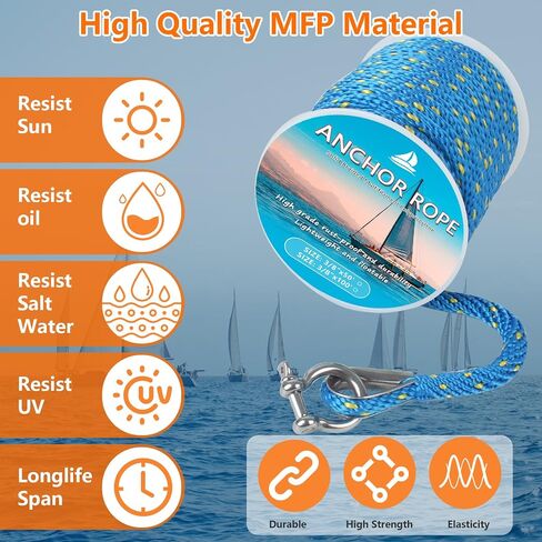 Anchor Rope 50 ft x 3/8 inch, Premium Solid Braid MFP Anchor Line, Boat Anchor Rope with 316 Stainless Steel Thimble & Shackle, Marine Anchor Rope for Many Anchors & Boats, Green and Black in Saudi Arabia