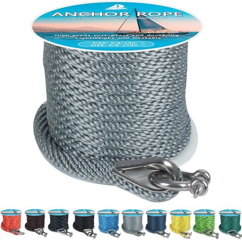 Anchor Rope 50 ft x 3/8 inch, Premium Solid Braid MFP Anchor Line, Boat Anchor Rope with 316 Stainless Steel Thimble & Shackle, Marine Anchor Rope for Many Anchors & Boats, Green and Black in Saudi Arabia