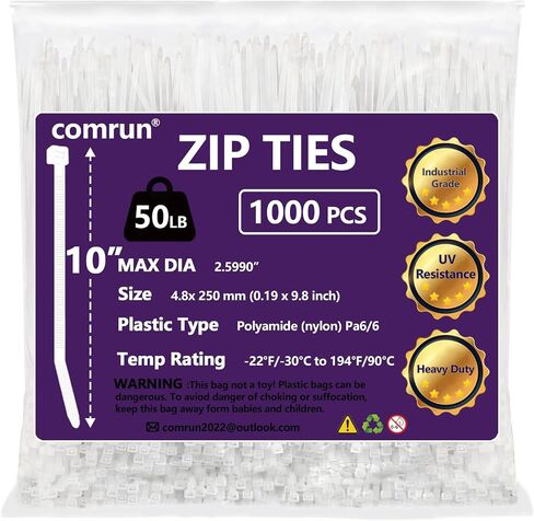 1000pcs 10Inch Nylon Zip Ties, 50 Pounds Tensile Strength, Black Cable Tie,Industrial Grade,UV Resistant,Heavy Duty,for Home,Garden Trellis,Office,Garage and Workshop in Kuwait