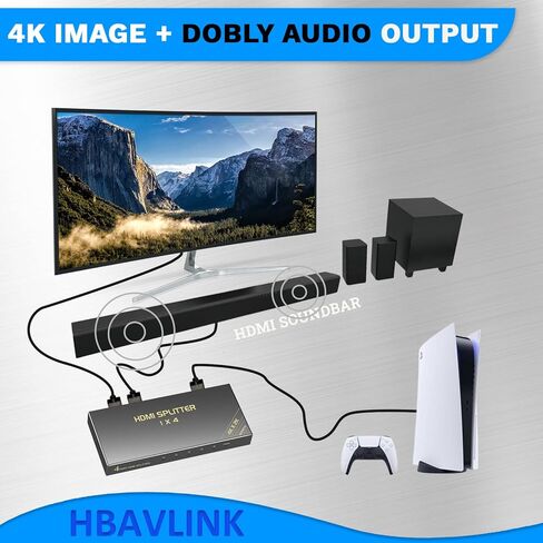 4 Way HDMI Splitter 1 in 4 Out 4K@60Hz/1080P@120Hz, HBAVLINK 4K HDMI Splitter 1x4 3D w/Cable+AC Adapter, HDMI to Multi TV + Audio Extractor to HDMI Soundbar for PS5/PS4/Fire Stick/Roku/Apple TV/NVR in Kuwait