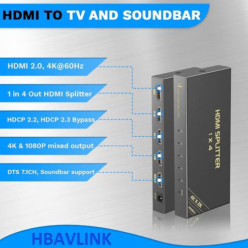 4 Way HDMI Splitter 1 in 4 Out 4K@60Hz/1080P@120Hz, HBAVLINK 4K HDMI Splitter 1x4 3D w/Cable+AC Adapter, HDMI to Multi TV + Audio Extractor to HDMI Soundbar for PS5/PS4/Fire Stick/Roku/Apple TV/NVR in Kuwait