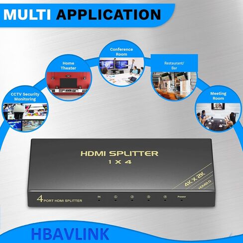 4 Way HDMI Splitter 1 in 4 Out 4K@60Hz/1080P@120Hz, HBAVLINK 4K HDMI Splitter 1x4 3D w/Cable+AC Adapter, HDMI to Multi TV + Audio Extractor to HDMI Soundbar for PS5/PS4/Fire Stick/Roku/Apple TV/NVR in Kuwait