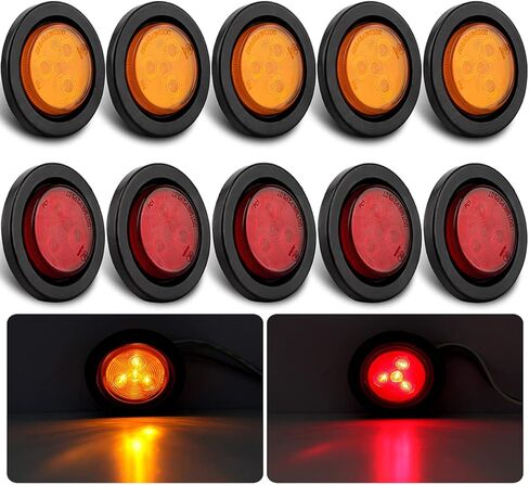 2 بوصة LED ضوء علامة جانبية مستديرة مع حامل فلوش جروميت 4LED، (5 كهرمان + 5 أحمر) مختومة 2 مصابيح LED مستديرة شاحنة مقطورة مع عدسة عاكسة 10 قطع in Kuwait