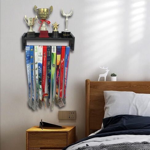 WANLIAN Medal Hanger Trophy Shelf, Wooden Medal Holder Trophy Rack with Shelf, Wall Mounted Metal Hanger Trophy Race Medal Display, Black in Saudi Arabia