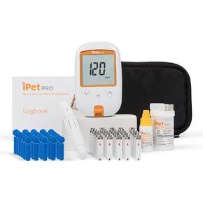 iPet PRO Blood Glucose Monitoring System Designed for Dogs & Cats| Includes Meter, 2 AA Batteries, User Guide, Log Book, 25 Test Strips, Control Solution, Lancing Device, 30 28G Lancets, Carrying Case