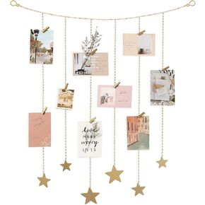 Mkono Hanging Photo Display Boho Decor Wooden Stars Garland with Metal Chains, Pictures Cards Holder with 25 Wood Clips, Wall Art for Room Bedroom Dorm, Teen Girl Gift Ages 12 13 14 Years Old, Black