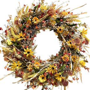 Egolot 24Inch Fall Yellow Daisy Flower Eucalyptus Leaves Wreath for Front Door, Autumn Yellow Flower Wreath with Grain Picks and Wild Flowers for Indoor and Outdoor