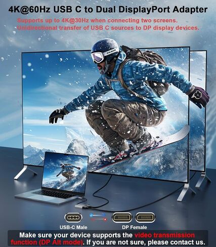 USB C to Dual HDMI Adapter (4K@60Hz) Type C (Source) to HDMI(Display) Splitter and USB C Converter Supports Extended Display of Dual Monitors, for MacBook, LenovoYoga, Thinkpad, Dell XPS,etc in Kuwait