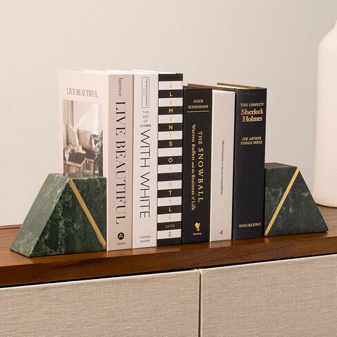 نهايات رخامية من Cork & Mill - مجموعة من سدادتين للكتب المزخرفة الثقيلة مع قاعدة مضادة للانزلاق - ديكور رف كتب مصنوع يدويًا من الرخام الصلب (أبيض + نحاسي) in Kuwait