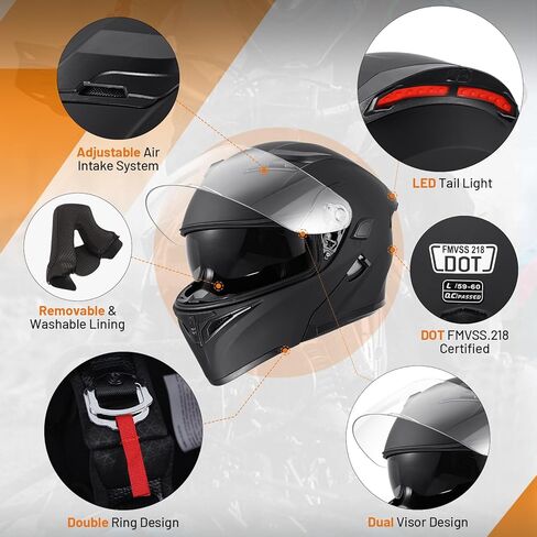 OUMURS Adult Modular Motorcycle Full Face Helmet, DOT Approved Dual Visor Flip up Modular Motorcycle Helmet for Unisex Adult, Motorbike Street Bike ATV Helmet in Kuwait