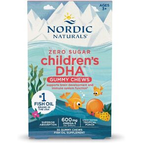 Nordic Naturals Zero Sugar Children’s DHA Gummy Chews, Tropical Punch - 30 Gummy Chews for Kids - 600 mg Total Omega-3s - Brain Development, Learning, Healthy Immunity - Non-GMO - 30 Servings
