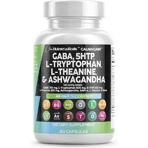 Clean Nutraceuticals GABA 750mg 5 HTP 200mg L Tryptophan 500mg L Theanine 200mg Ashwagandha 3000mg SAM-e L-Glycine - Mood Support Vitamins for Women and Men with L-Tyrosine - Made in USA 60 Caps