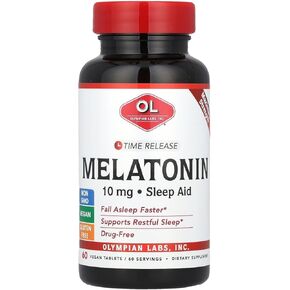 Olympian Labs Melatonin 10mg Time Release with Vitamin B6 - Maximum Strength Tablets - Drug-Free, Supports Restful Sleep, Nighttime Sleep Aid - 60 Vegan Tablets (60 Servings)