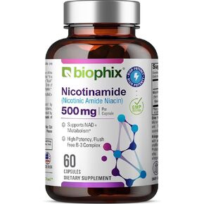 biophix B-3 Nicotinamide 500 mg 180 Caps - Nicotinic Amide Niacin Natural Flush-Free Vitamin Formula - Supports Skin Cell Health