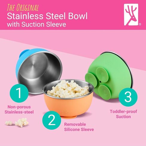 Elk and Friends Stainless Steel Bowls with Silicone Sleeve for Babies & Toddlers | Lids Included | Stay Put Suction | Cereal & Snack Bowls | 4 Pack in Saudi Arabia
