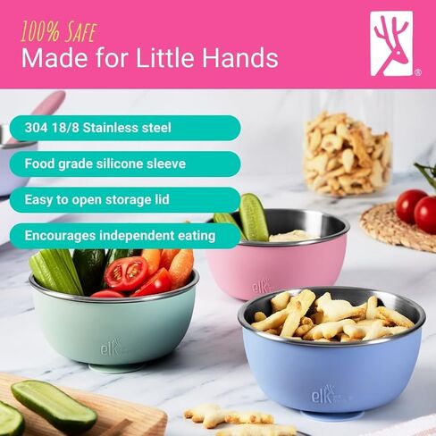 Elk and Friends Stainless Steel Bowls with Silicone Sleeve for Babies & Toddlers | Lids Included | Stay Put Suction | Cereal & Snack Bowls | 4 Pack in Saudi Arabia