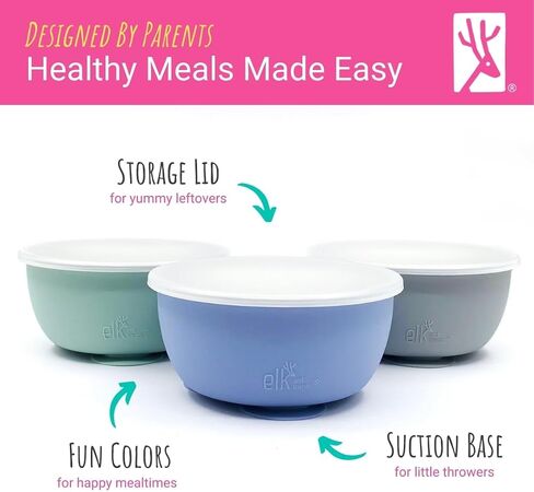 Elk and Friends Stainless Steel Bowls with Silicone Sleeve for Babies & Toddlers | Lids Included | Stay Put Suction | Cereal & Snack Bowls | 4 Pack in Saudi Arabia