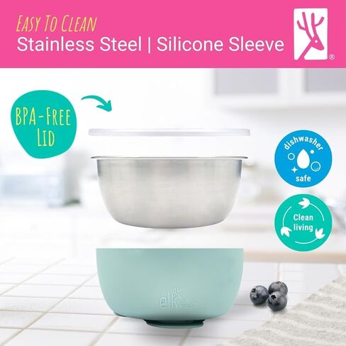 Elk and Friends Stainless Steel Bowls with Silicone Sleeve for Babies & Toddlers | Lids Included | Stay Put Suction | Cereal & Snack Bowls | 4 Pack in Saudi Arabia