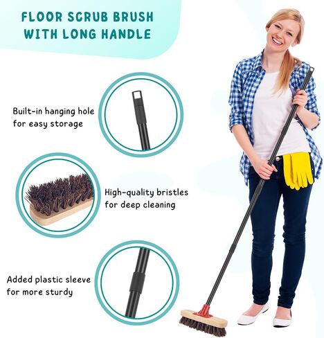 Stainless Steel Wire Scrub Brush with Long Handle for Deck, Concrete, Patio Floor Cleaning, 59'' Heavy Duty Stiff Metal Bristle Scrubber Broom for Outdoor Moss Removal in Kuwait