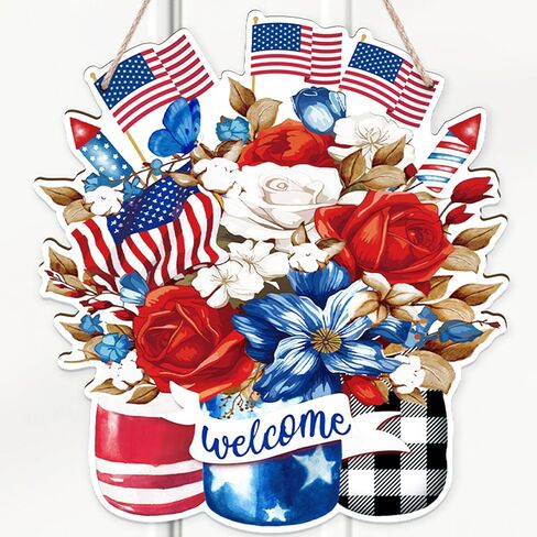 250th Anniversary Decorations: 4th of July Wooden Wreath for Front Door, Red White Blue Patriotic Memorial Day Independence Day Welcome Sign Decor in Saudi Arabia