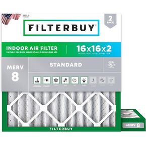 Filterbuy 16x16x2 Air Filter MERV 8 Dust Defense (2-Pack), Pleated HVAC AC Furnace Air Filters Replacement (Actual Size: 15.50 x 15.50 x 1.75 Inches)