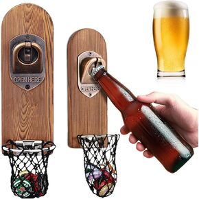 Unique Magnetic Bottle Openers with Netting Catcher, Wall Mounted Wooden Beer Bottle Opener, Traceless Corkscrew, Home Bar Accessories for Kitchen, Outdoor, Ideal Beer Gifts for Men (Bottle Opener 5)
