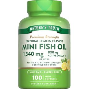 Mini Fish Oil Omega 3 | 1300 mg | 100 Softgels | Burpless Lemon Flavor Pills | Non-GMO. Gluten Free Supplement | by Nature's Truth