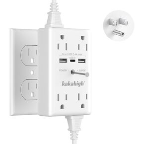 Wall Outlet Extender with Screw, 8 Way Outlets with 1680J Surge Protected, Multi Plug Wall Outlet with USB Ports, LED Indicator, 1875W Wall Mounted Surge Protectors for Dorm Room Office Kitchen, ETL