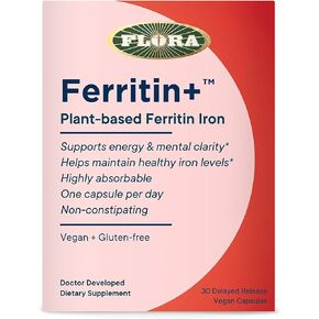 Flora - Ferritin+ Plant-Based Iron, Helps Maintain Healthy Iron Levels, Non-Constipating, Highly Absorbable, Supports Energy & Mental Clarity, Vegan Iron Supplement, 30 Delayed Release Vegan Capsules