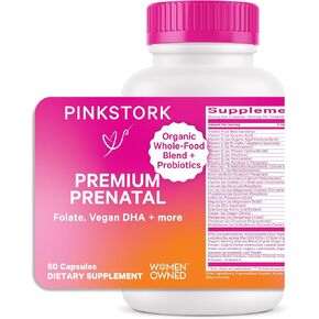 Pink Stork Premium Prenatal Vitamins for Women with Organic Whole-Food Ingredients, Folate, Vitamin B6 & B12, Prebiotics and Probiotics for Fetal Development and Morning Sickness Support, 60 Capsules