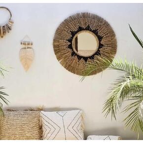 ÓHILO Ohilo Handmade Seagrass Bohemian Round Mirror Wall Hanging | Rattan Boho Decor for Living Room, Bedroom, Bathroom 70cm Overall Diameter, 30cm Mirror (Natural)
