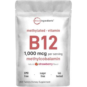 فيتامين B12 تحت اللسان 5000 ميكروغرام | ميثيل بي 12 اكتيف فورم - 180 قرص قابل للمضغ | تذوب بسرعة بنكهة الفراولة الطبيعية، تدعم الطاقة وصحة الأيض، نباتي، غير معدلة وراثيا وبدون جلوتين
