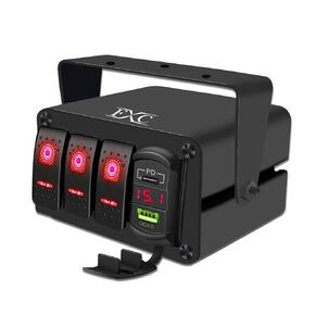 لوحة مفاتيح هزازة من الألومنيوم FXC 3 Gang بإضاءة خلفية زرقاء مع PD نوع C وQC 3.0 شاحن USB الفولتميتر مقاوم للماء 12 فولت 24 فولت تيار مستمر صندوق مفتاح هزاز للسيارات والشاحنات والقوارب RVs