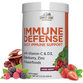 Country Farms Immune Defense Superfoods Drink Mix, Supports Immune Defense, Vitamin C with Black Elderberry, Supports Hydration, With Probiotics and Prebiotics, Berry Flavor, 40 Servings