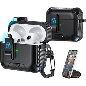 حافظة R-fun متوافقة مع Airpods Pro الجيل الثاني/الأول (2023/2022/2019) مع مفتاح كبس تلقائي، تصميم حافظة بمشبك قفل آمن لـ Airpods Pro (كابل USB-C/Lightning) مع سلسلة مفاتيح للرجال والنساء، أبيض