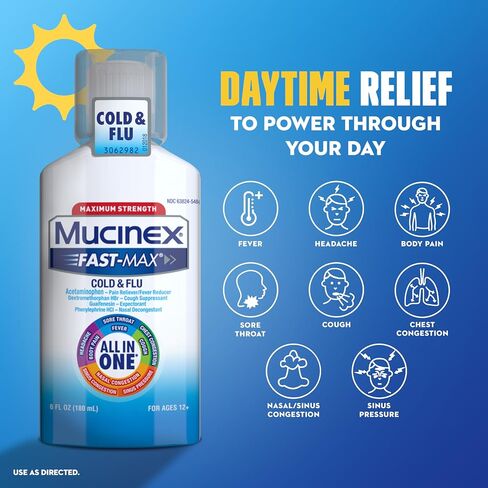 Mucinex Maximum Strength Fast-Max Cold & Flu and Nightshift, All-in-One Multi Symptom Relief Liquid, 6 Fl Oz - 2 Count (Pack of 1) in Saudi Arabia