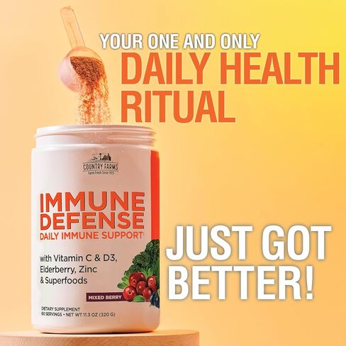 Country Farms Immune Defense Superfoods Drink Mix, Supports Immune Defense, Vitamin C with Black Elderberry, Supports Hydration, With Probiotics and Prebiotics, Berry Flavor, 40 Servings in Saudi Arabia