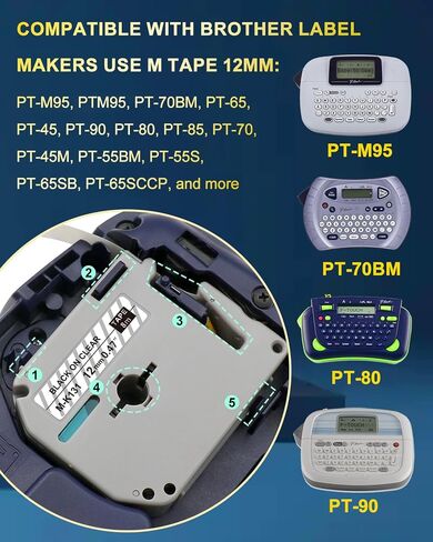 شريط ملصقات 12 مم 0.47 متوافق مع شريط Brother P Touch M MK131 MK231 MK431 MK531 MK631 MK731 يعمل من أجل صانع الملصقات Brother P-Touch PT-M95 PT-90 PT-85 PT-70 PT-65، 6 عبوات in Saudi Arabia