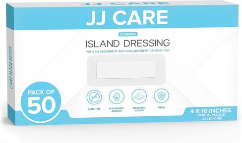 ضمادة جزيرة لاصقة من JJ CARE [عبوة من 25 قطعة]، ضمادة جروح جزيرة معقمة مقاس 4 × 10 بوصة، ضمادة شاش ذات حدود مسامية، ضمادات جروح جزيرة ملفوفة بشكل فردي مع وسادة مركزية غير لاصقة in Kuwait