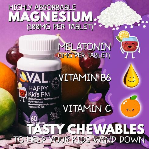 VAL Kids Melatonin Plus Magnesium, B6, Vitamin C, Bedtime Routine Supplement, Sleep Support for Kids 4+, Drug Free, Sugar Free, Natural Blueberry Yogurt Flavor, 60 Chew Tabs in Saudi Arabia