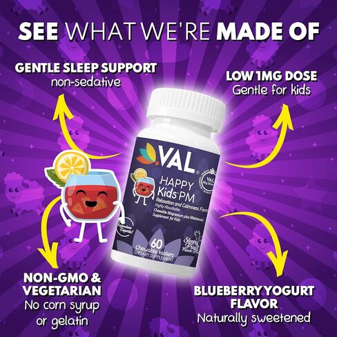 VAL Kids Melatonin Plus Magnesium, B6, Vitamin C, Bedtime Routine Supplement, Sleep Support for Kids 4+, Drug Free, Sugar Free, Natural Blueberry Yogurt Flavor, 60 Chew Tabs in Saudi Arabia