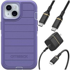OtterBox iPhone 15 (Only) Bundle: - Defender Series Case - Baby Blue Jeans (Blue) - Case Only - Microbial Defense Protection - USB-C to USB-C Wall Charging Kit, 20W.
