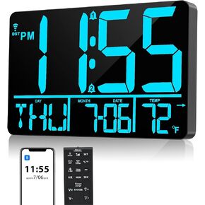 13" Large Digital Wall Clock with Remote, Bluetooth Connection, 25 Ringtones, Dual Alarm, 0-100% Auto or Custom Brightness, 12/24H, Auto DST, for Living Room, Kitchen, Office, Elderly（Red）
